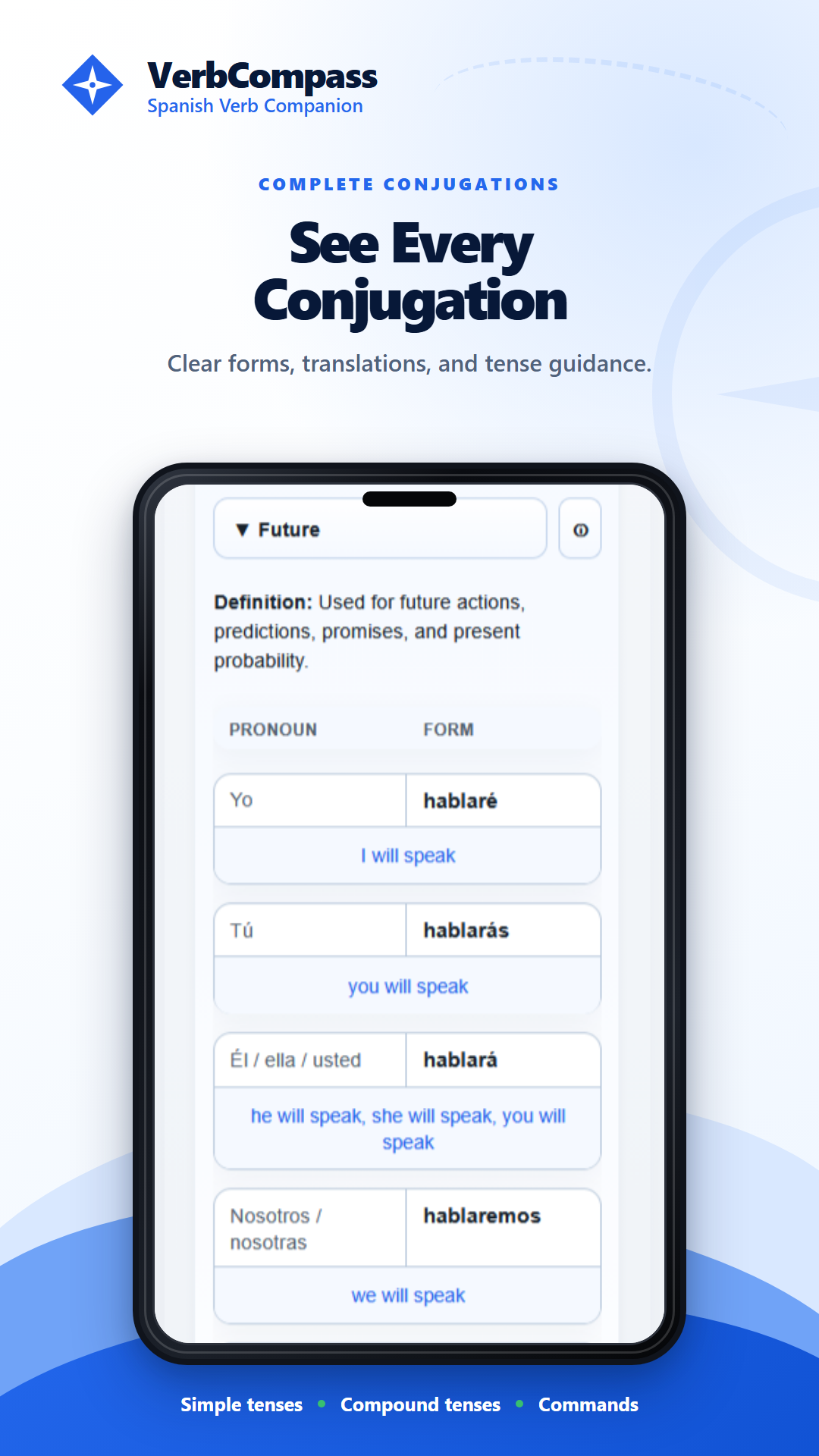 VerbCompass conjugation screen showing detailed Spanish verb forms