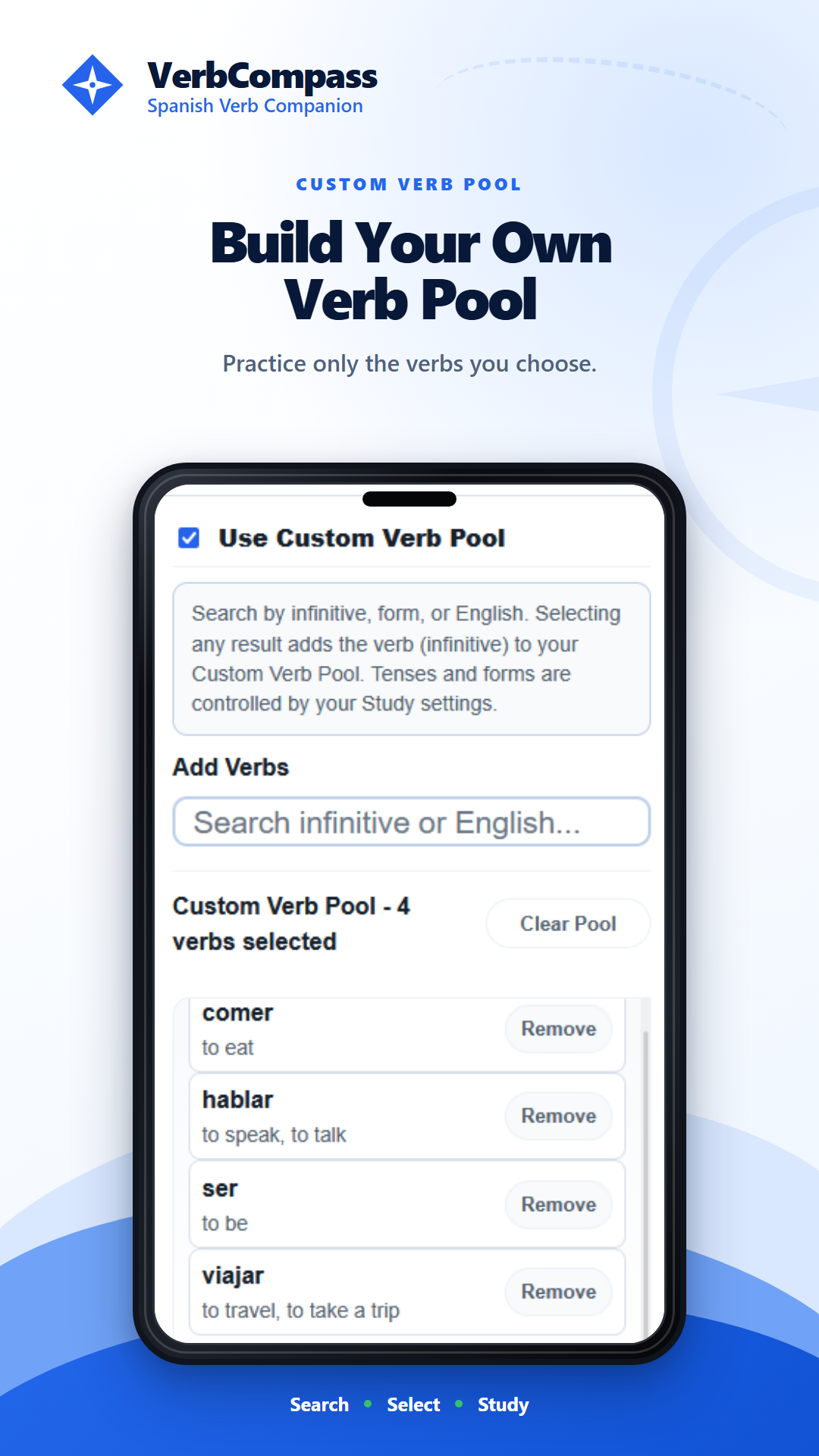 VerbCompass Custom Verb Pool showing a personalized Spanish verb list