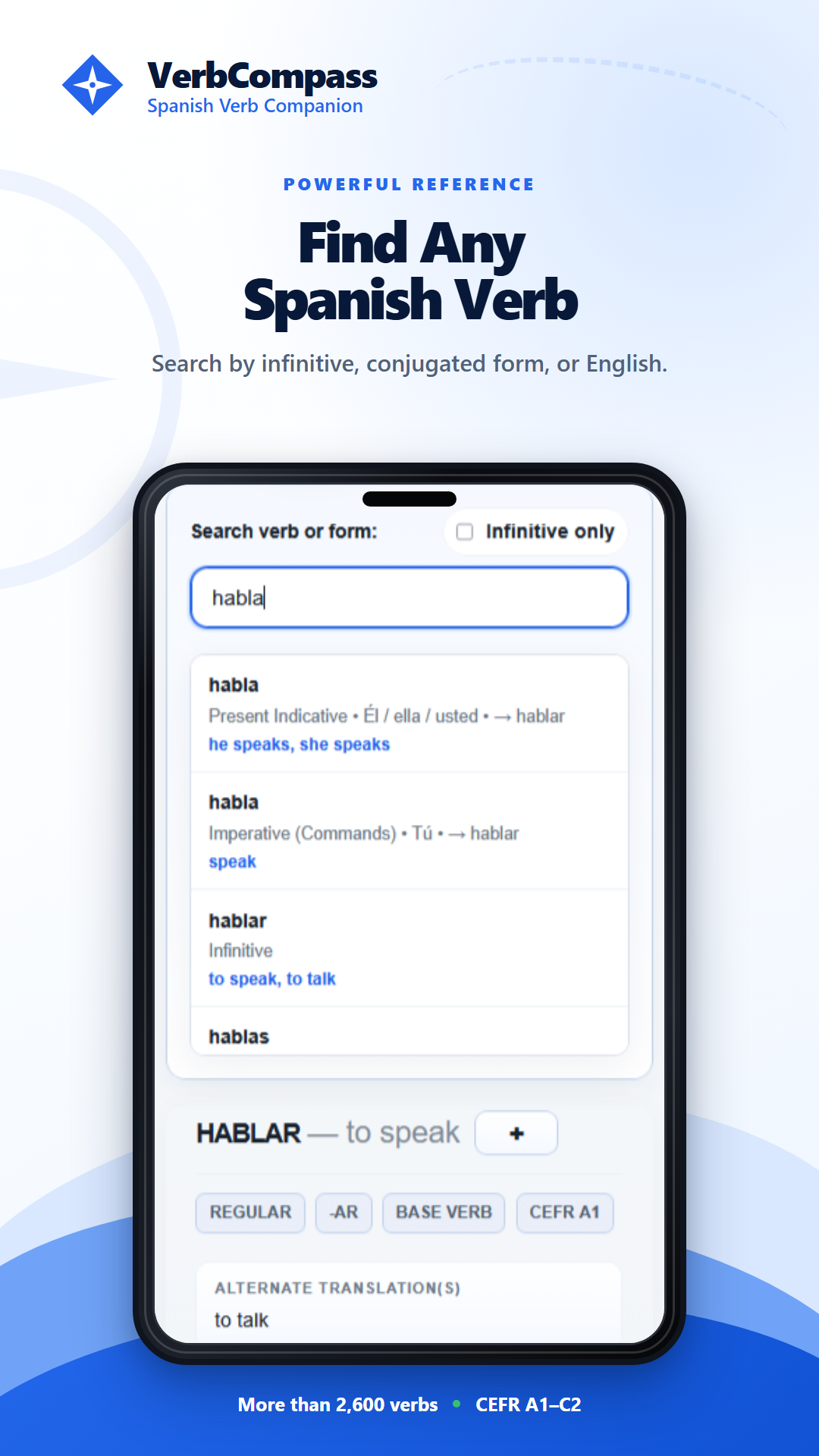 VerbCompass Reference screen showing Spanish verb search results